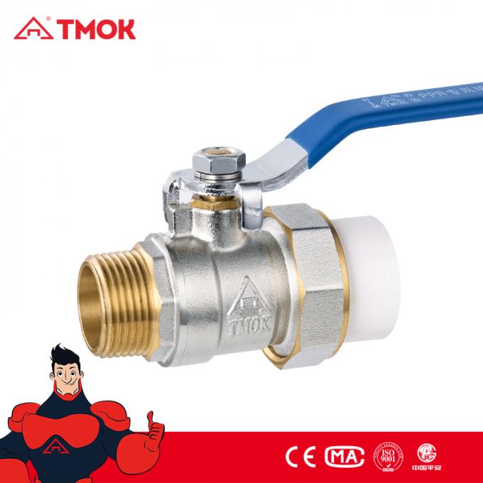 Поток TMOK выковал тип латунного шарикового клапана соединения двойника PPR двухсторонний для газового масла воды с аттестацией CE и красной ручкой